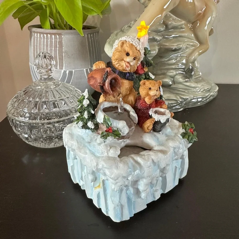 Vtg 90s Christmas Teddy Bear Water Fountain Lighted Tabletop Holiday Decor Retro